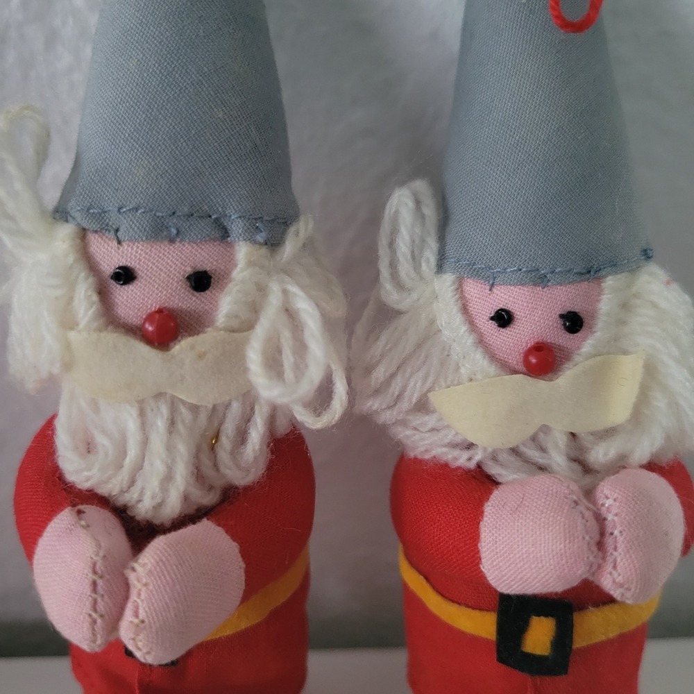 Vtg Posable Santa Claus (2) Handcrafted Stuffed Pixie Yarn Beard Ornament 6" MCM - Picture 2 of 5